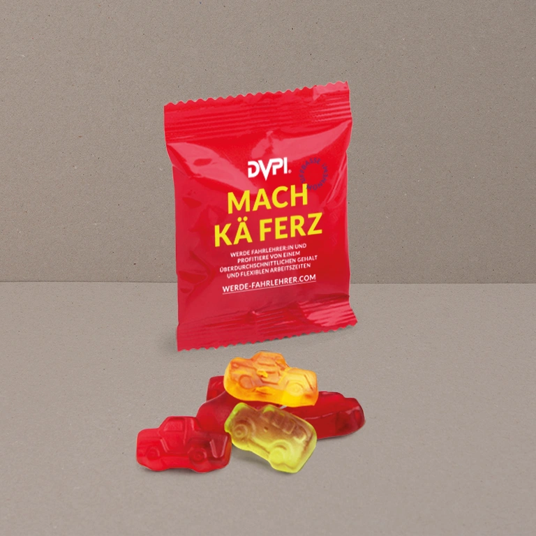 Tüte Fruchtgummis mit Aufdruck "Mach kä Ferz!"