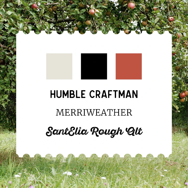 Darstellung der verschiedenen Bestandteile des Corporate Designs: die drei Farben Beige, Schwarz und Rot sowie die Schriftarten Humble Craftman, Merriweather und SantElia Rough